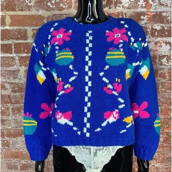 1980s Jennifer Reed Petite Hand Knitted Popcorn Sweater in Bright Florals Size M - Picture 1 of 6